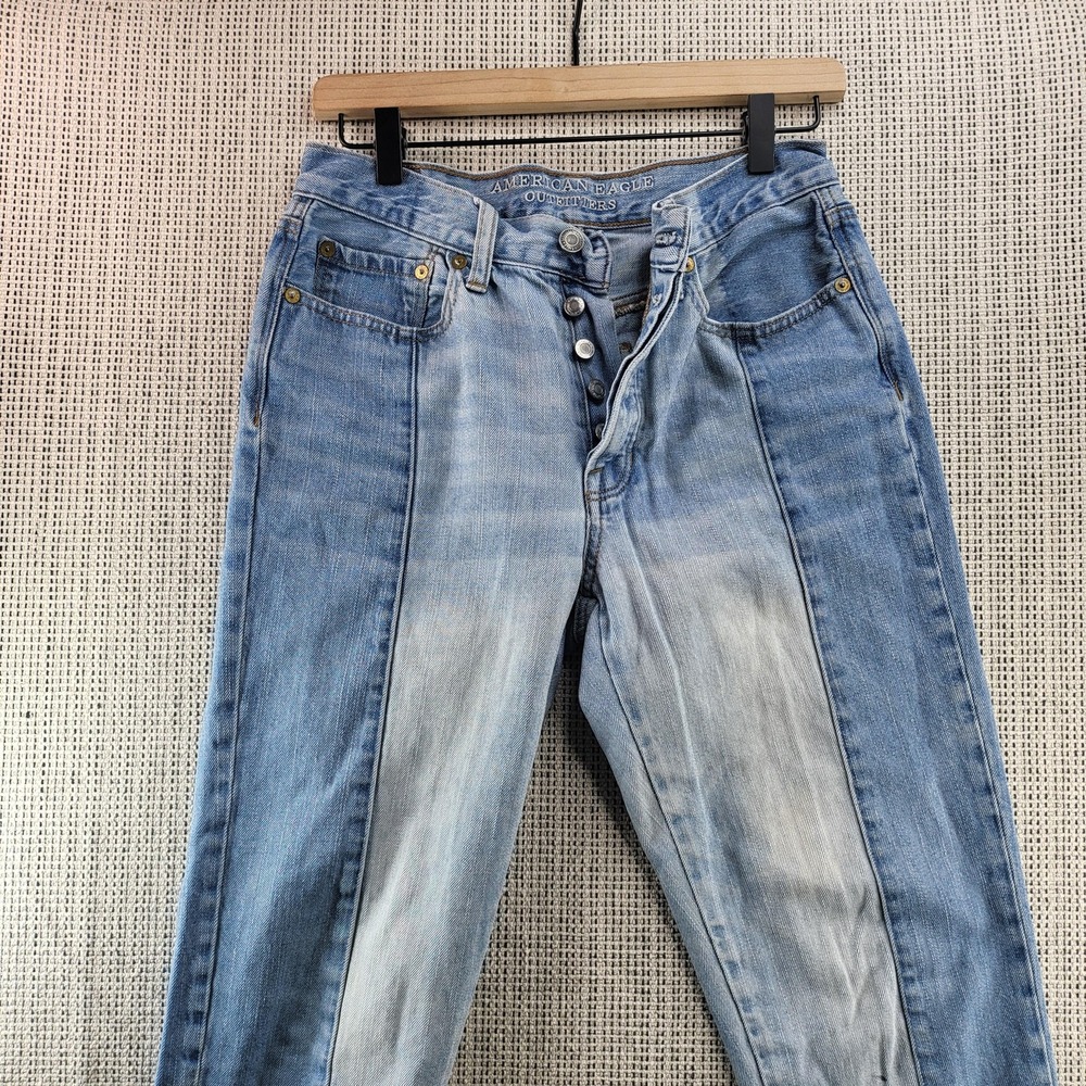 American‎ Eagle Jeans Womens 6 Blue Vintage Hi-Rise Two Tone Button Fly Raw Hem